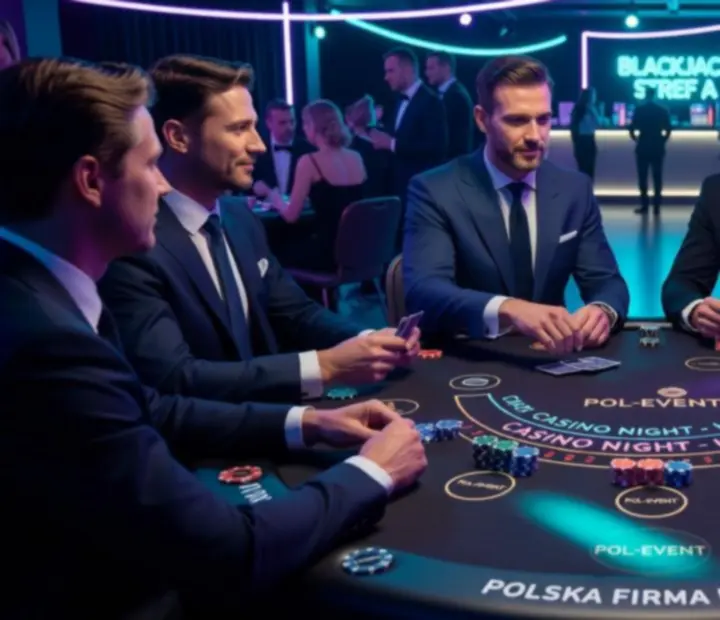 Goście podczas wieczoru Casino Night grający w blackjack przy eleganckim stole