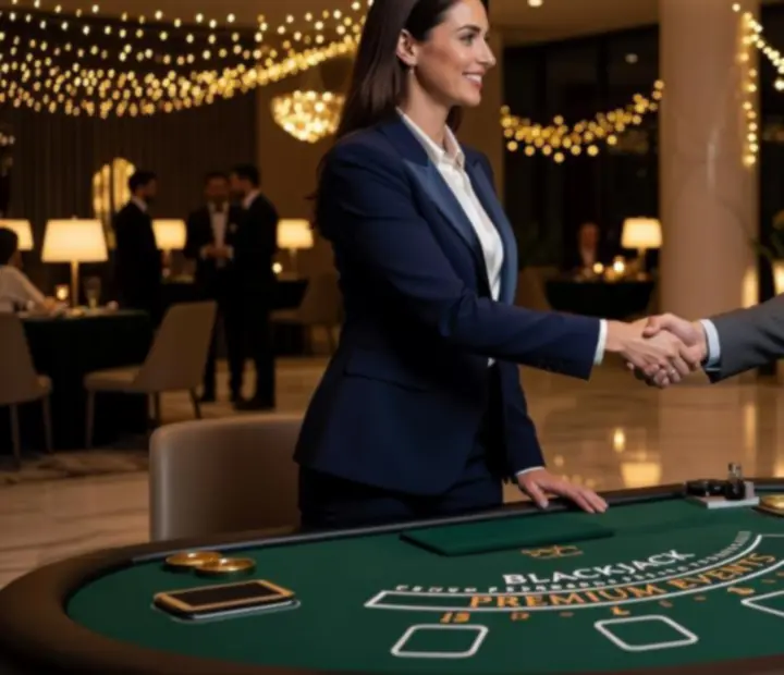Elegancka scena eventowa z przygotowanym stołem blackjack czekającym na gości