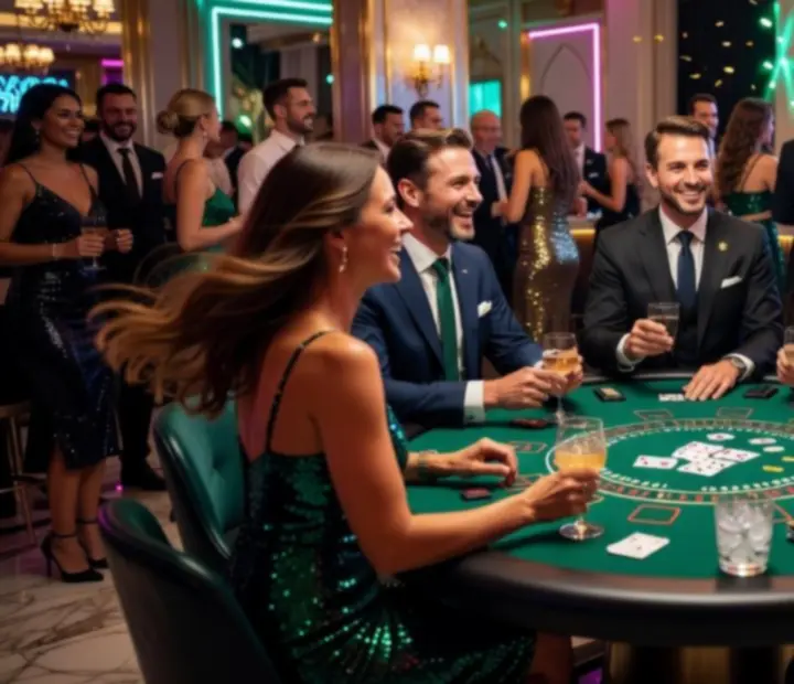 Uczestnicy eventu bawiący się przy stole blackjack, pełni emocji i uśmiechu