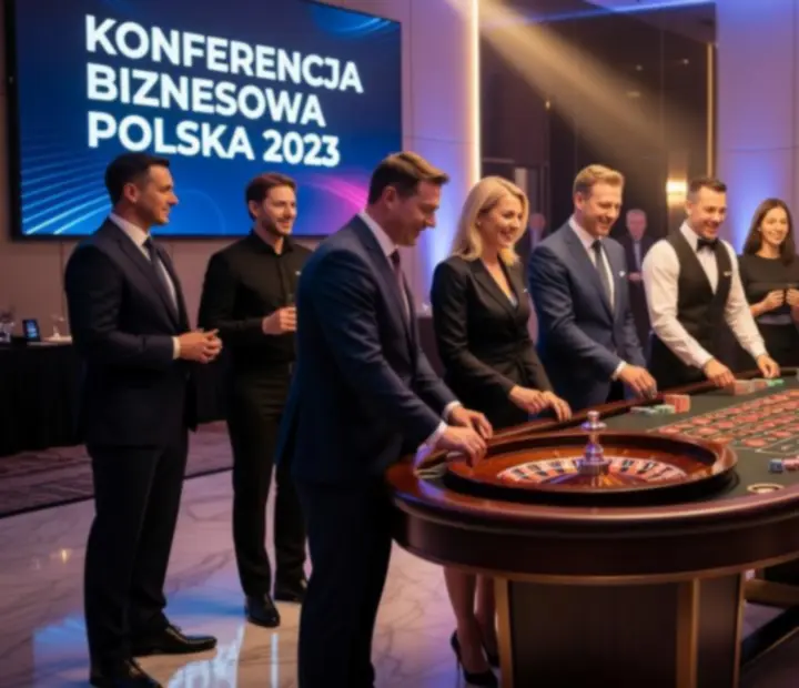 Scena eventu korporacyjnego z mobilną strefą kasyna i elegancko ubranymi gośćmi