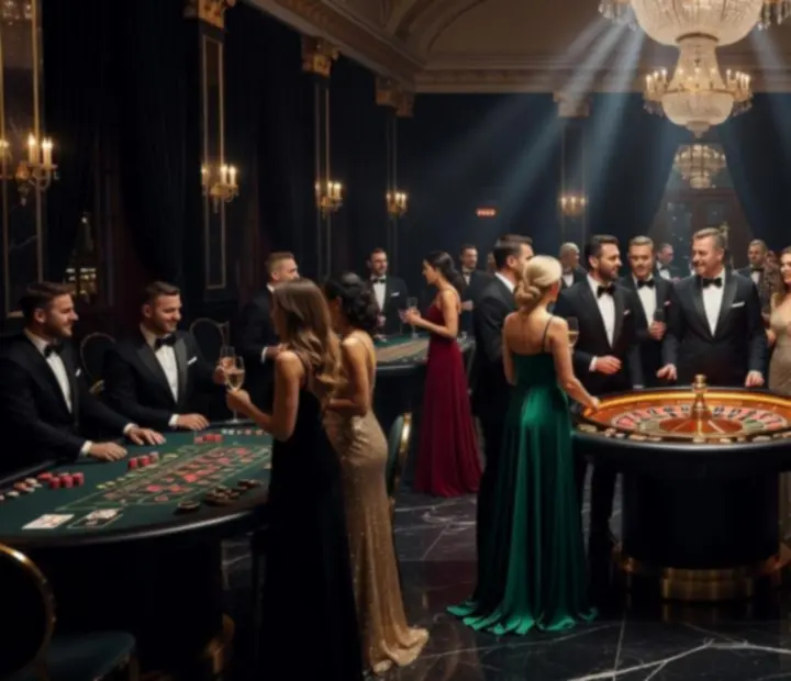 Elegancka scena mobilnego eventu kasynowego z gośćmi przy stołach gry