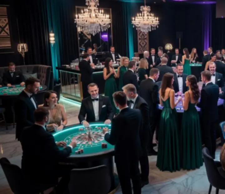 Kolaż inspirujących zdjęć z eventów firmowych z mobilnym kasynem i eleganckimi gośćmi