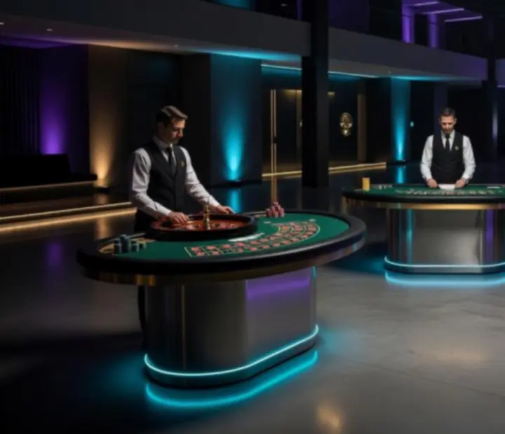 Mobilna strefa kasyna z profesjonalnymi stołami do pokera, ruletki i blackjacka przygotowana na event firmowy