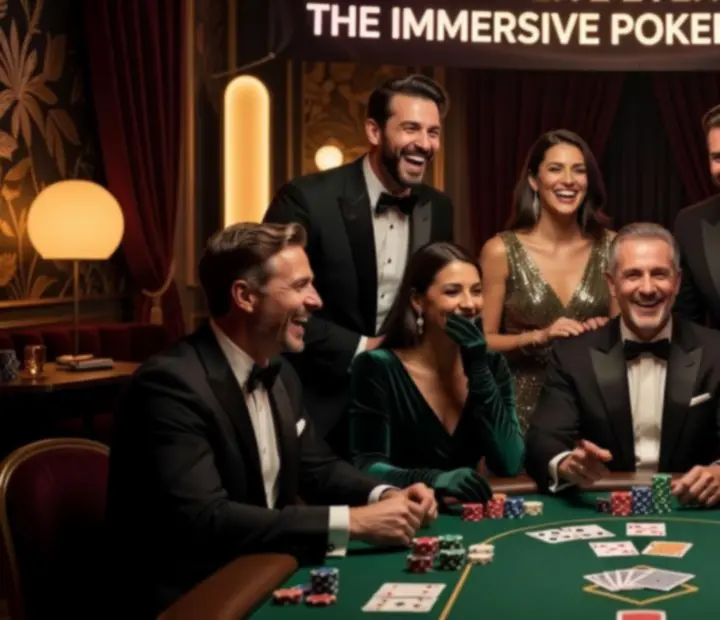 Goście bawiący się przy mobilnym stole pokerowym podczas eventu