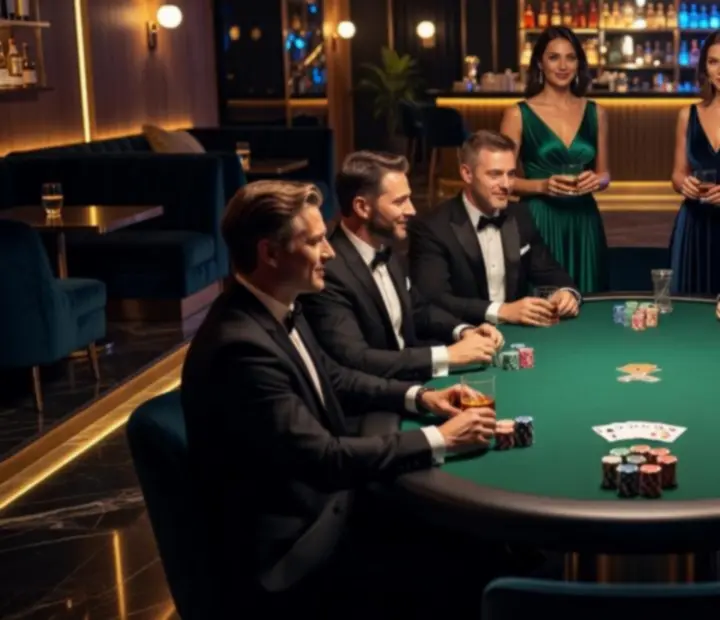 Mobilny pokerowy event z eleganckimi gośćmi przy stole
