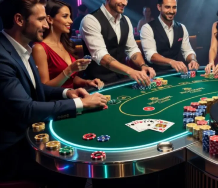 Stół pokerowy z kartami, żetonami i oświetleniem eventowym