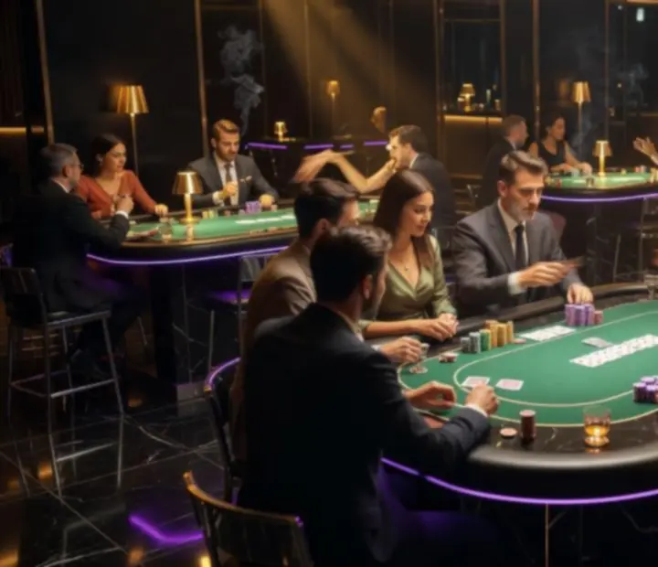 Pokerowy stół w klimatycznym, nocnym oświetleniu