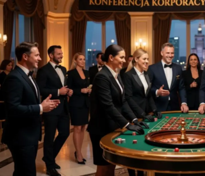 Zespół dealerów i koordynatorów 'WR-ELEKTRYK' Wojciech Róg prowadzi mobilny wieczór kasynowy podczas eleganckiego eventu.