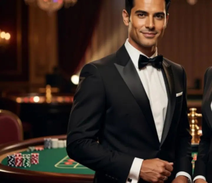 Perfekcyjnie przygotowany personel eventowy w eleganckiej przestrzeni, gotowy do obsługi mobilnych gier kasynowych.